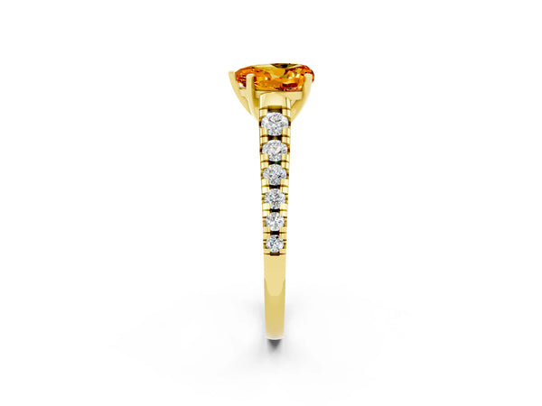Yellow gold Heart Cut Citrine Cathedral Solitaire Ring with Round  Pavé Band