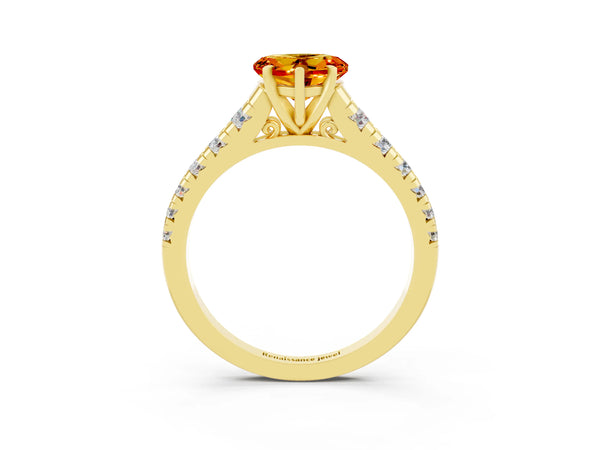 Yellow gold Heart Cut Citrine Cathedral Solitaire Ring with Round  Pavé Band