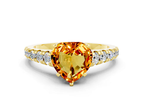 Yellow gold Heart Cut Citrine Solitaire Ring with Cathedral Setting and Pavé Band