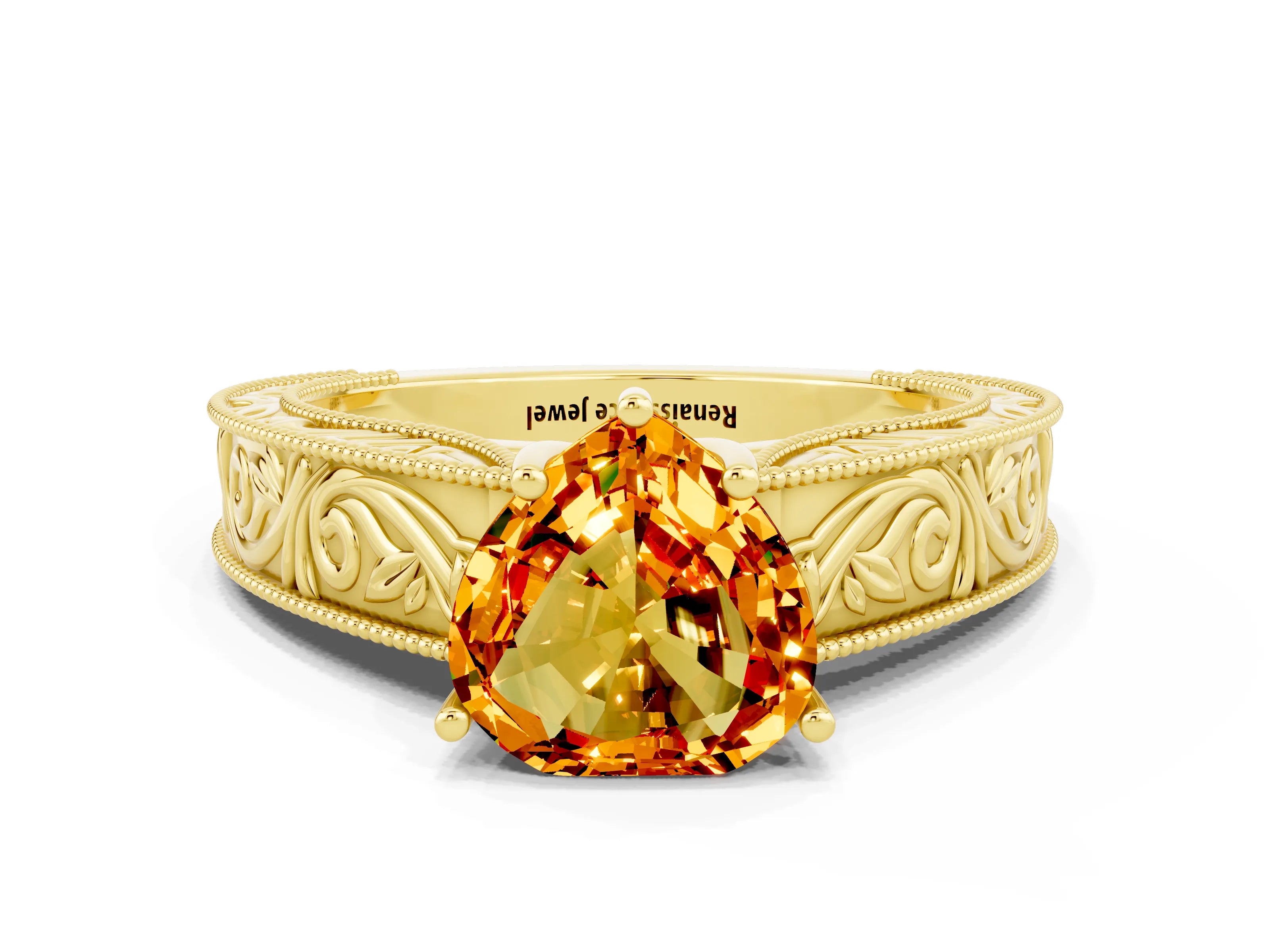 Yellow gold Heart Cut Citrine Solitaire Ring with Engraved Band and Four-Prong Setting