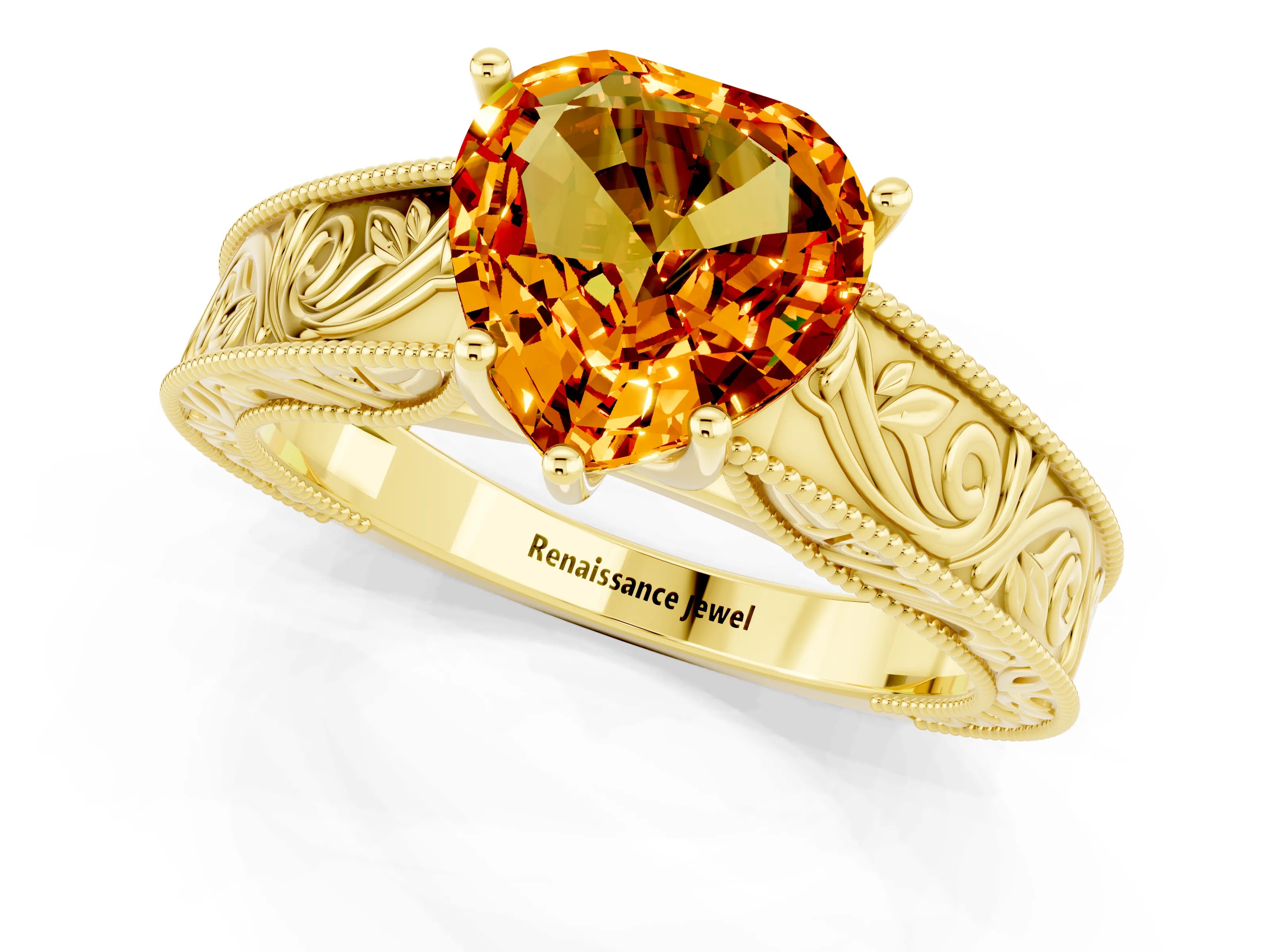 Yellow gold Heart Cut Citrine Solitaire Ring with Engraved Band and Four-Prong Setting_1
