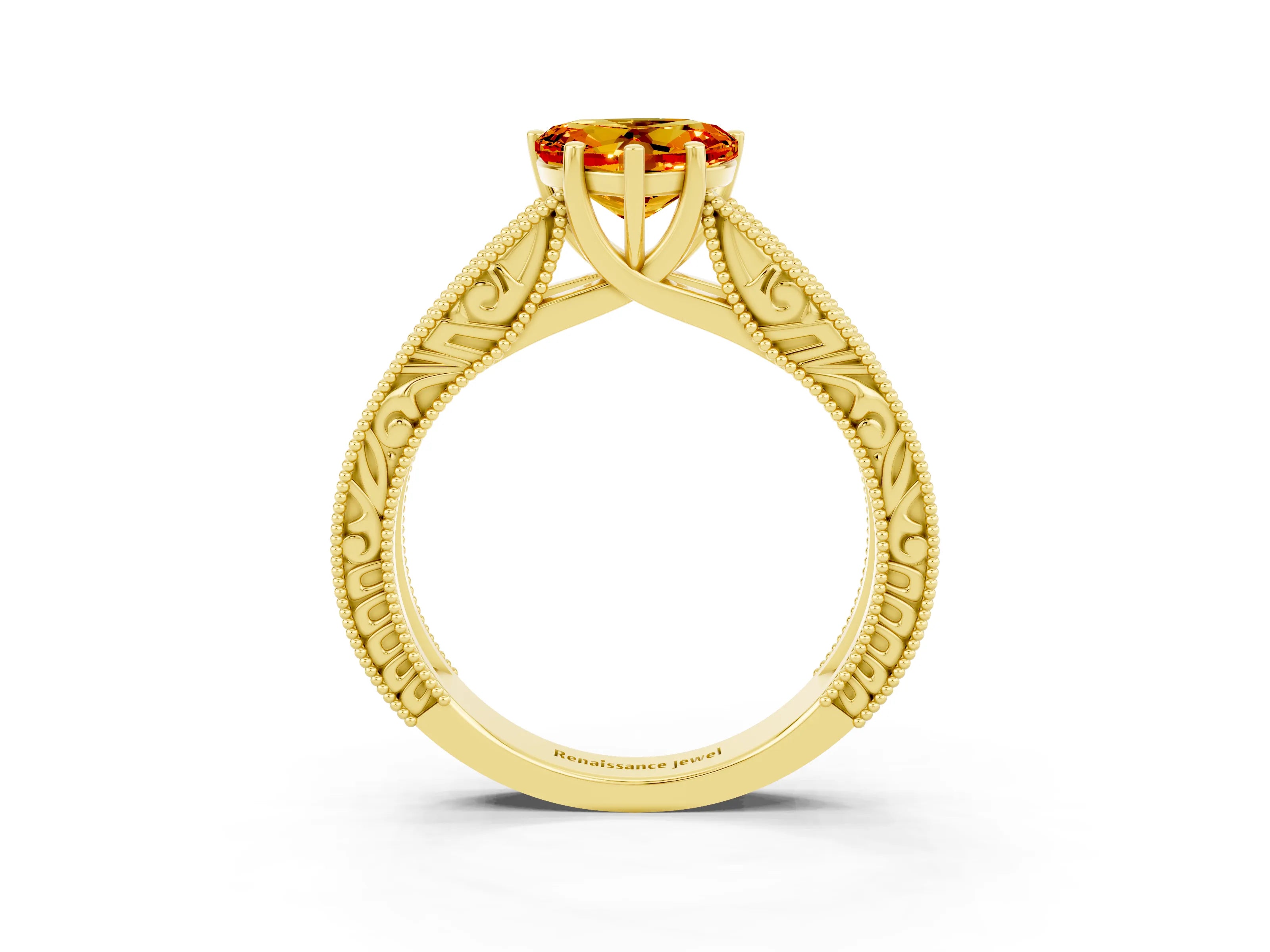 Yellow gold Heart Cut Citrine Solitaire Ring with Engraved Band and Four-Prong Setting_3