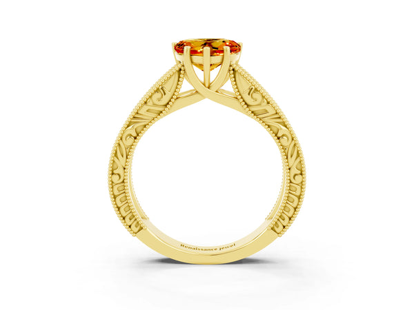 Yellow gold Heart Cut Citrine Solitaire Ring with Engraved Band and Four-Prong Setting