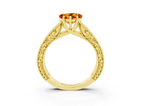 Yellow gold Heart Cut Citrine Solitaire Ring with Engraved Band and Four-Prong Setting_3