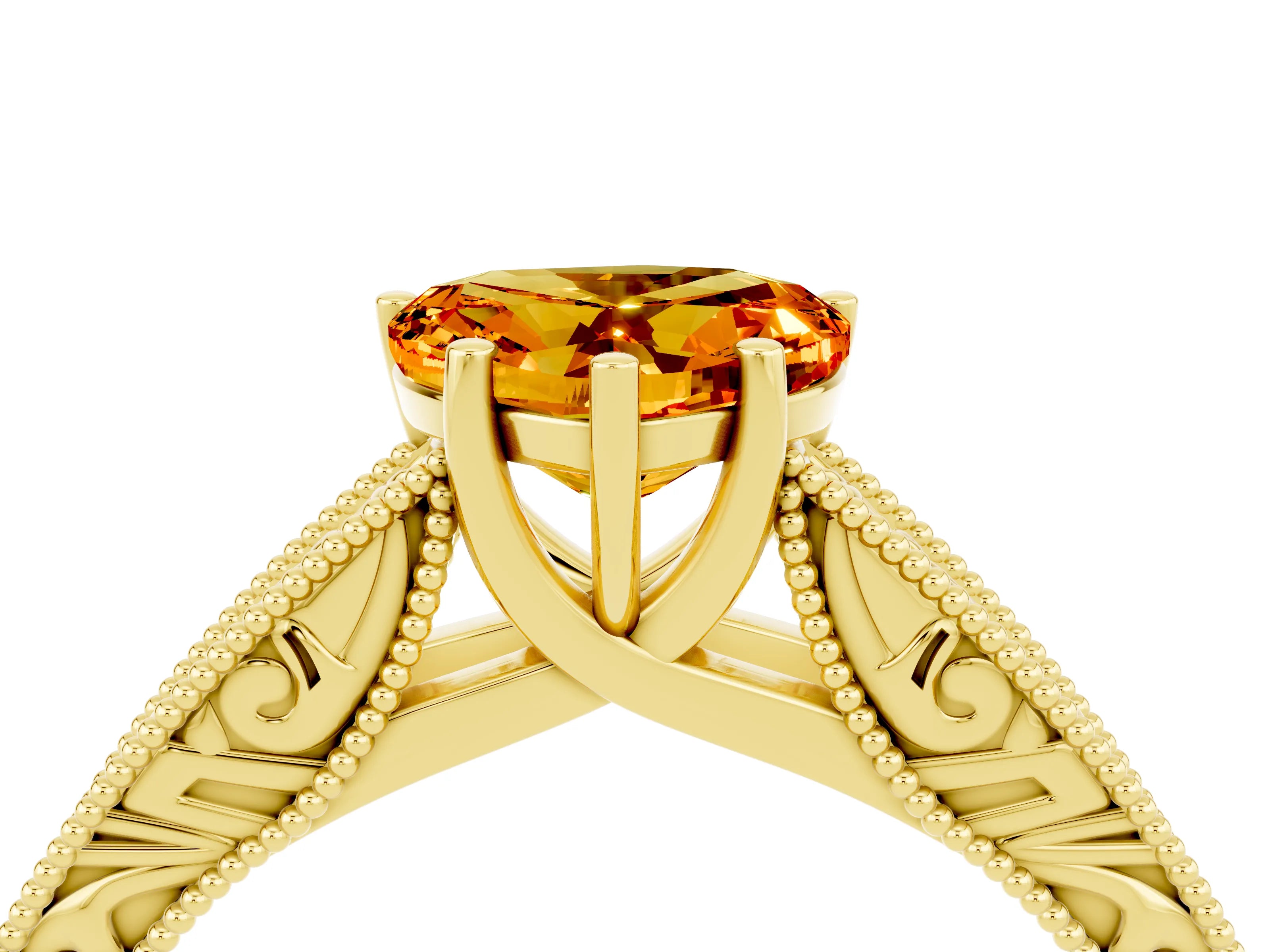 Yellow gold Heart Cut Citrine Solitaire Ring with Engraved Band and Four-Prong Setting_4
