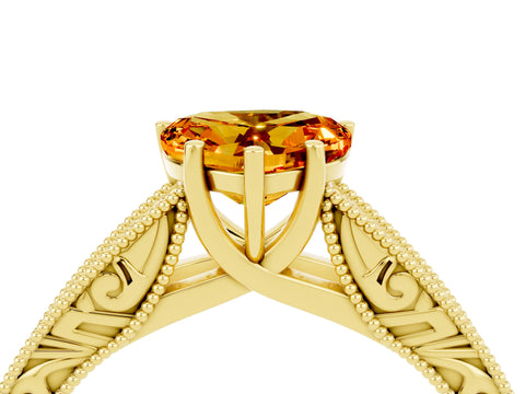 Yellow gold Heart Cut Citrine Solitaire Ring with Engraved Band and Four-Prong Setting_4
