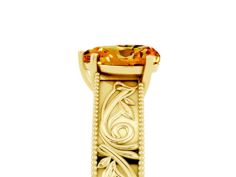 Yellow gold Heart Cut Citrine Solitaire Ring with Engraved Band and Four-Prong Setting_5