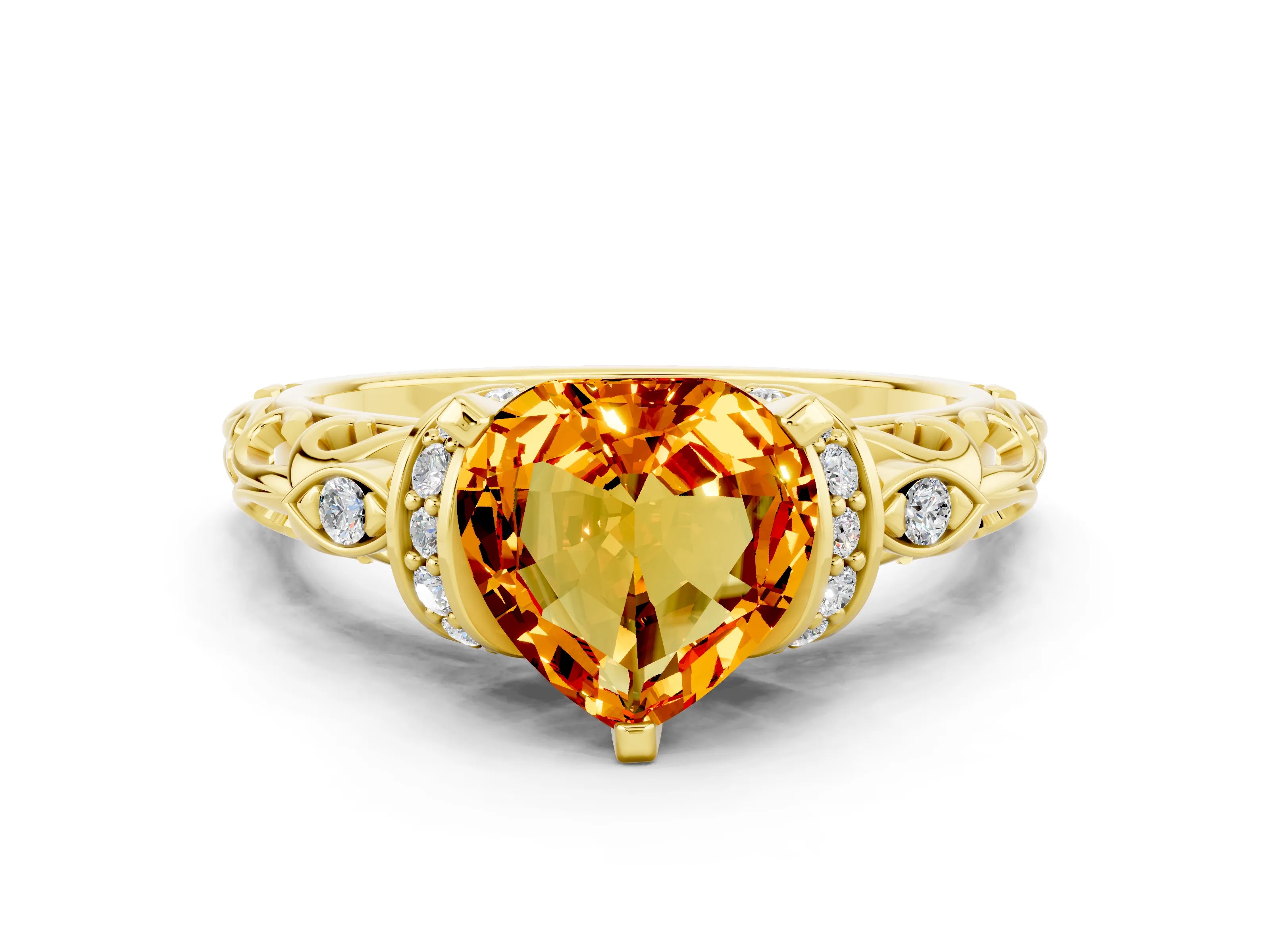Yellow gold Heart Cut Citrine Solitaire Ring with Filigree Band and Four-Prong Setting_24