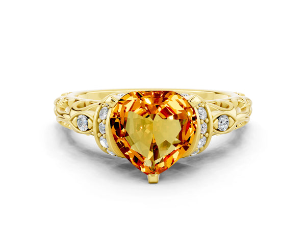 Yellow gold Heart Cut Citrine Solitaire Ring with Filigree Band and Four-Prong Setting