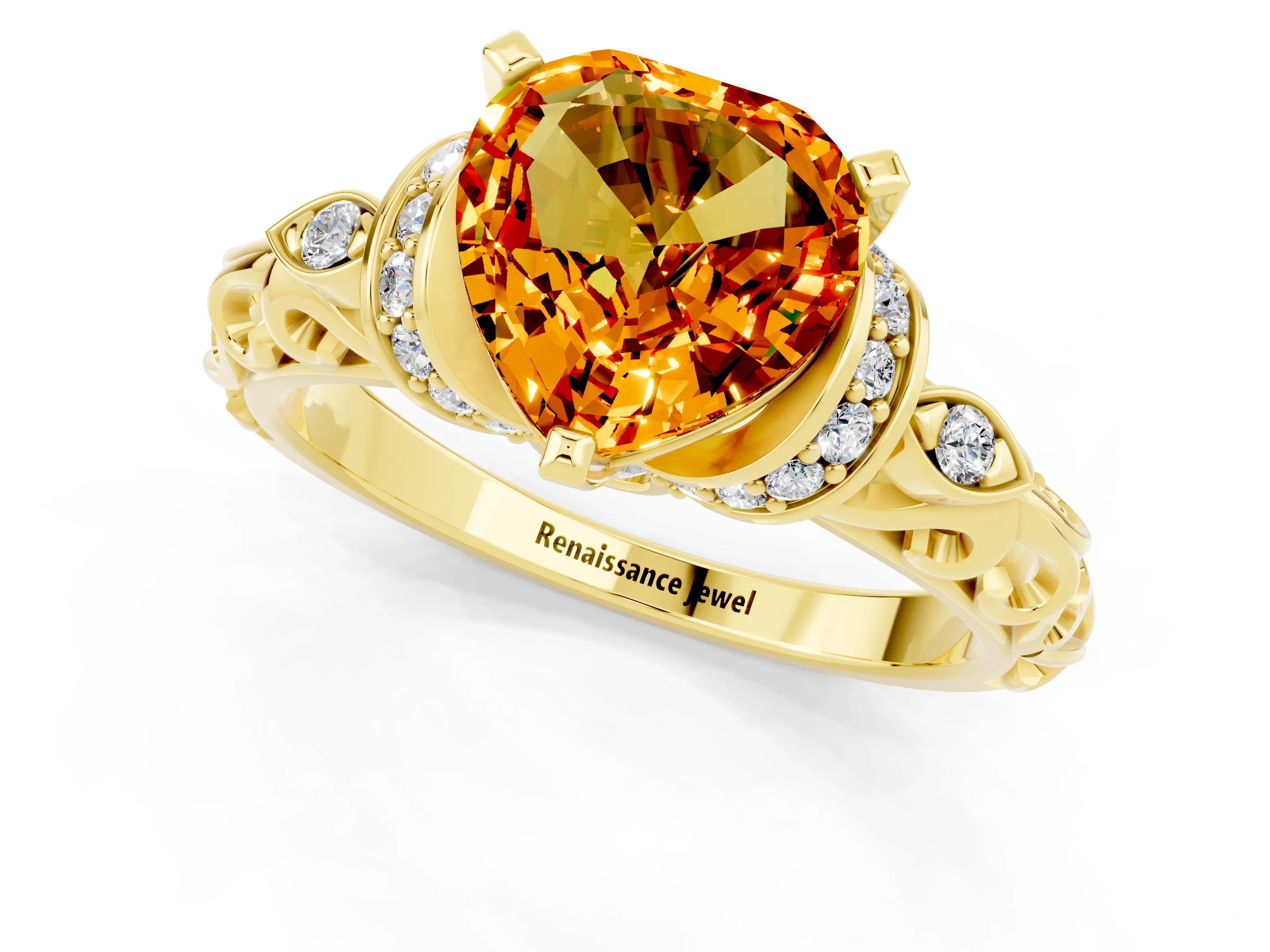 Yellow gold Heart Cut Citrine Solitaire Ring with Filigree Band and Four-Prong Setting_25