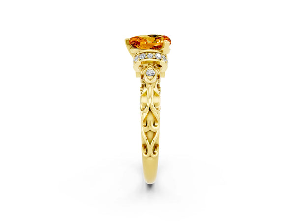 Yellow gold Heart Cut Citrine Solitaire Ring with Filigree Band and Four-Prong Setting
