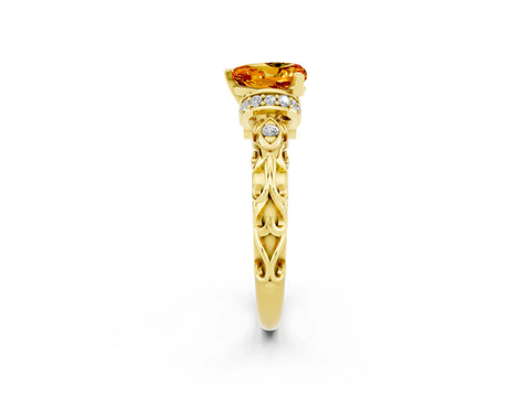 Yellow gold Heart Cut Citrine Solitaire Ring with Filigree Band and Four-Prong Setting_26