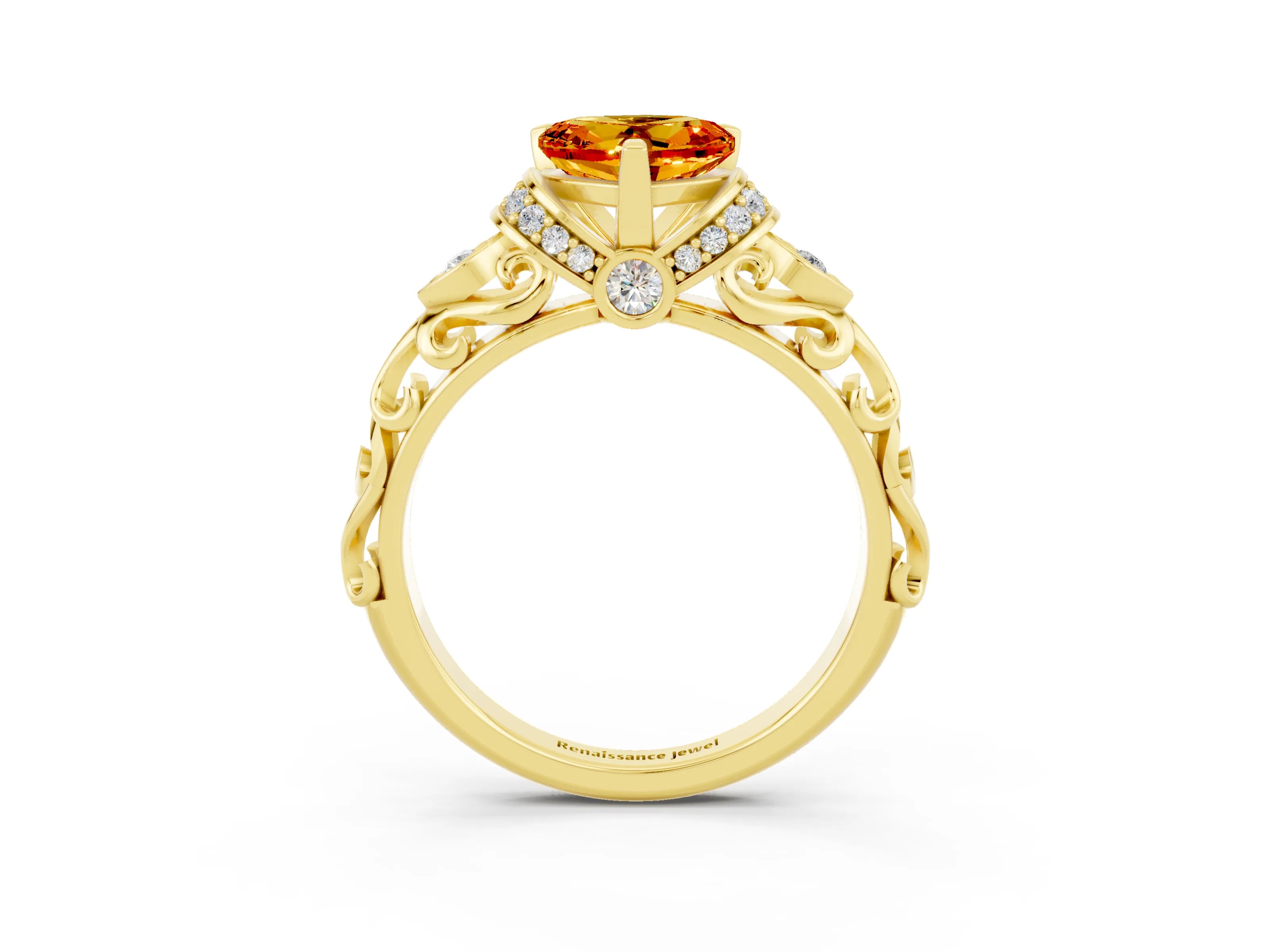 Yellow gold Heart Cut Citrine Solitaire Ring with Filigree Band and Four-Prong Setting_27
