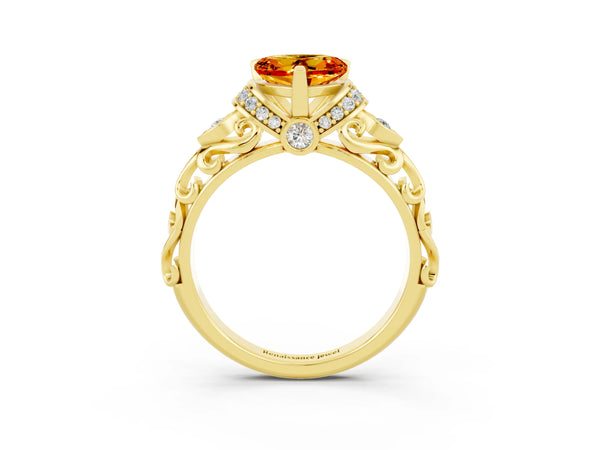 Yellow gold Heart Cut Citrine Solitaire Ring with Filigree Band and Four-Prong Setting