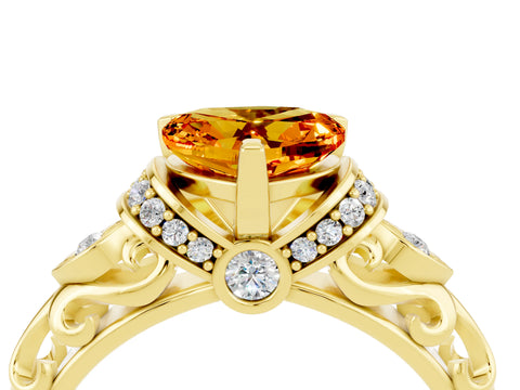 Yellow gold Heart Cut Citrine Solitaire Ring with Filigree Band and Four-Prong Setting_28