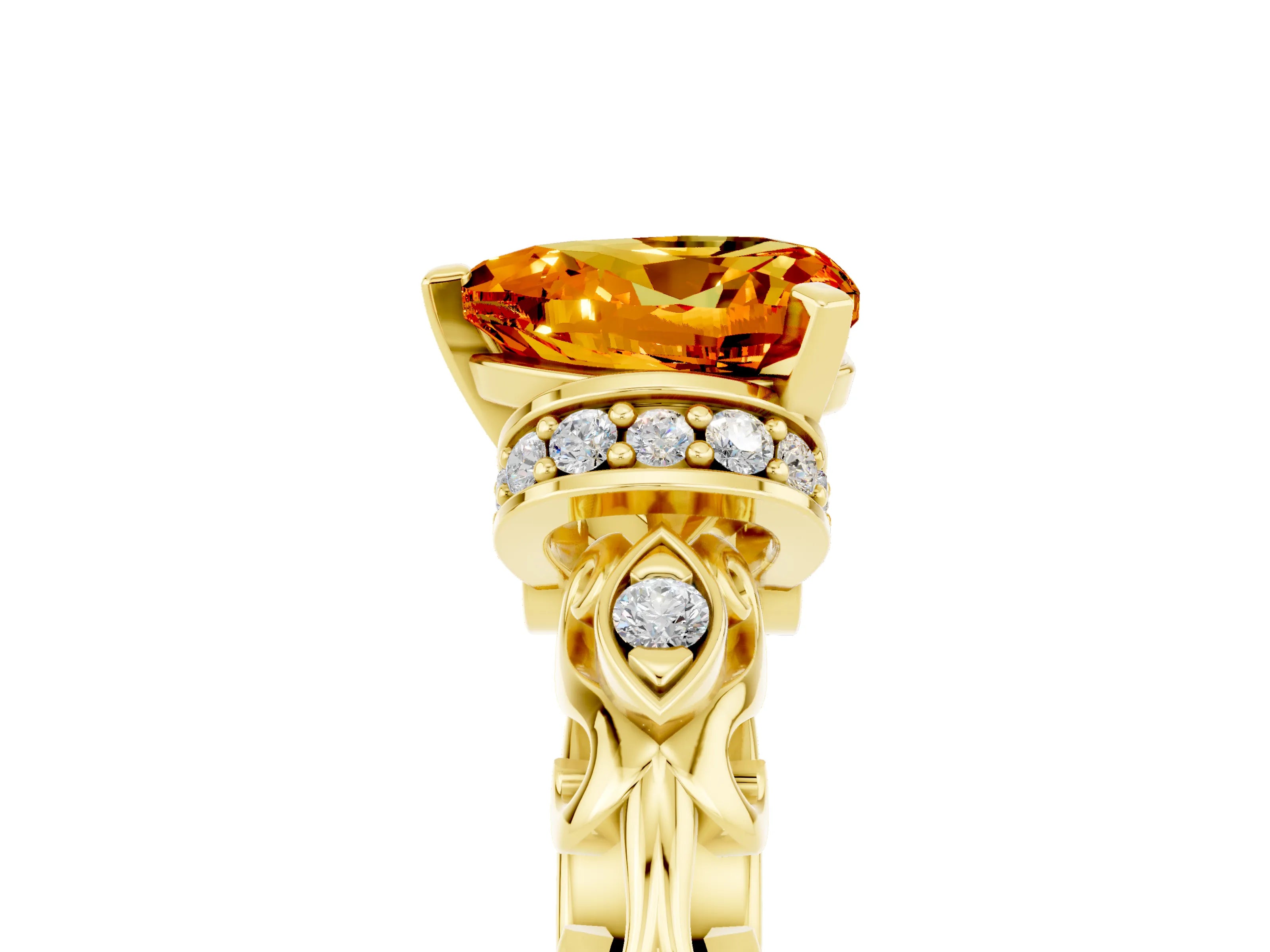 Yellow gold Heart Cut Citrine Solitaire Ring with Filigree Band and Four-Prong Setting_29
