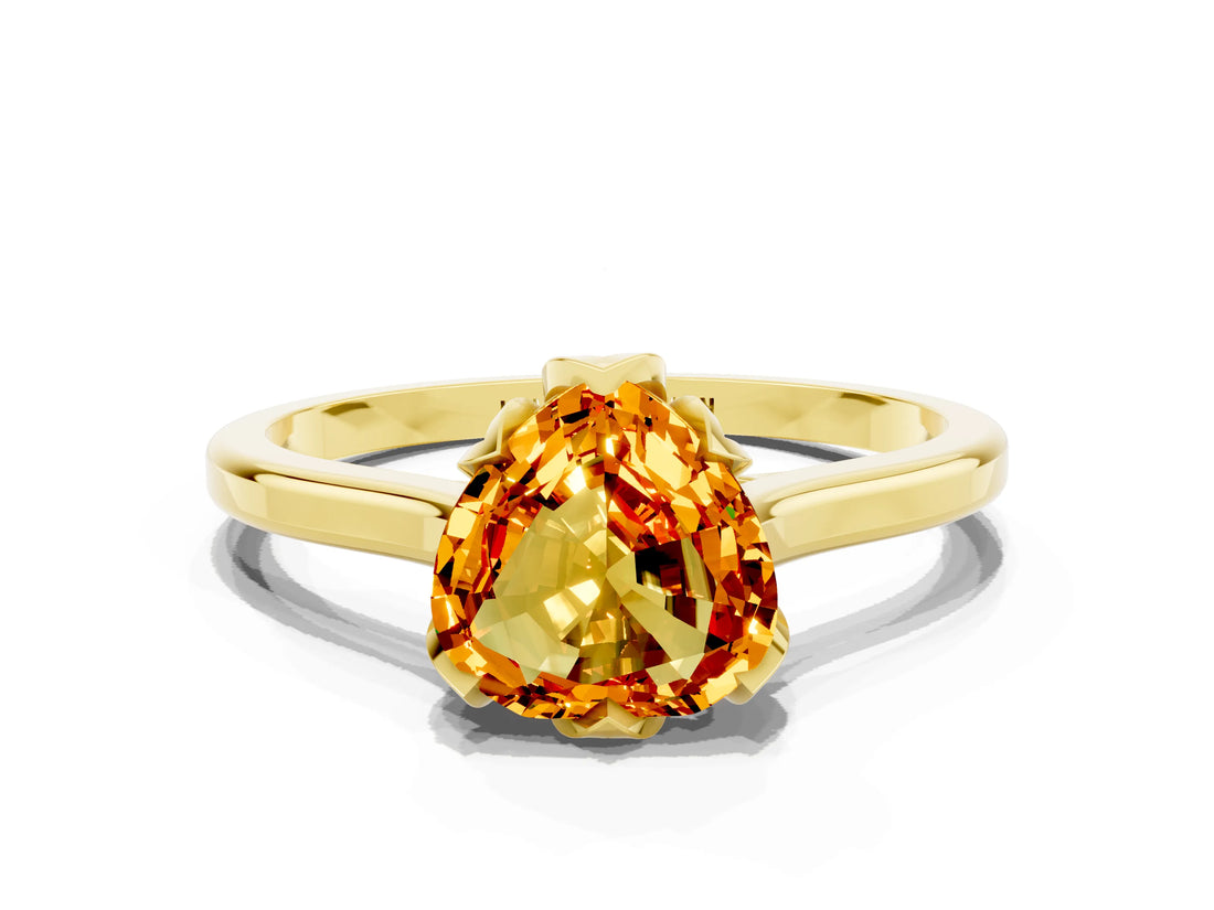 Yellow gold Heart Cut Citrine Solitaire Ring with Flower Prong Setting and Classic Band_12