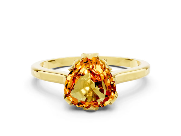 Yellow gold Heart Cut Citrine Solitaire Ring with Flower Prong Setting and Classic Band