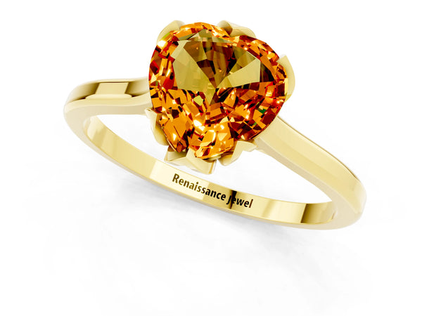 Yellow gold Heart Cut Citrine Solitaire Ring with Flower Prong Setting and Classic Band