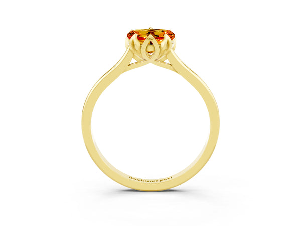 Yellow gold Heart Cut Citrine Solitaire Ring with Flower Prong Setting and Classic Band