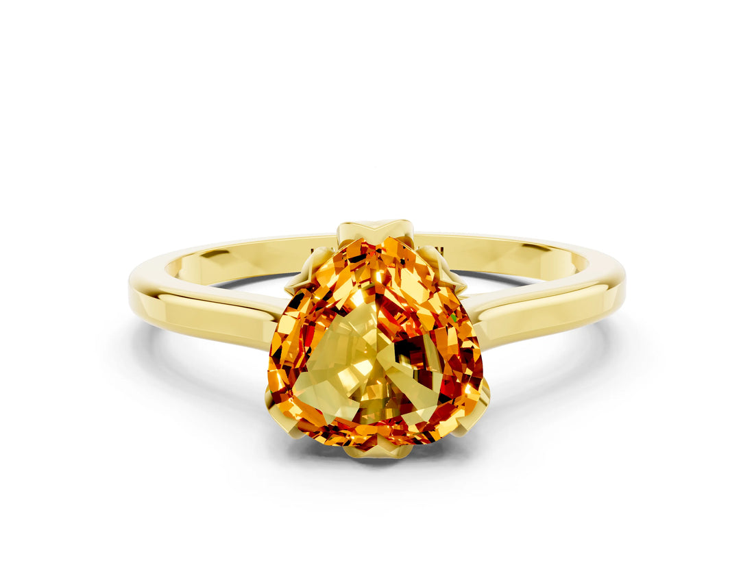 Yellow gold Heart Cut Citrine Solitaire Ring with Flower Prong Setting and Classic Band_36