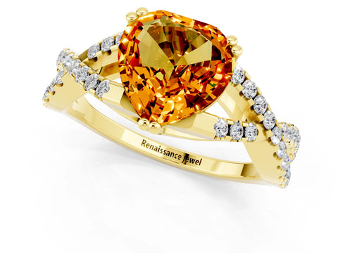 Yellow gold Heart Cut Citrine Solitaire Ring with Four-Prong Setting and Twisted Pavé Band_1