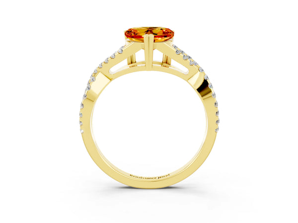 Yellow gold Heart Cut Citrine Solitaire Ring with Four-Prong Setting and Twisted Pavé Band