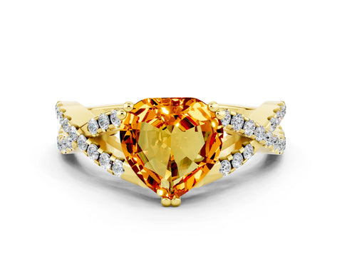 Yellow gold Heart Cut Citrine Solitaire Ring with Four-Prong Setting and Twisted Pavé Band