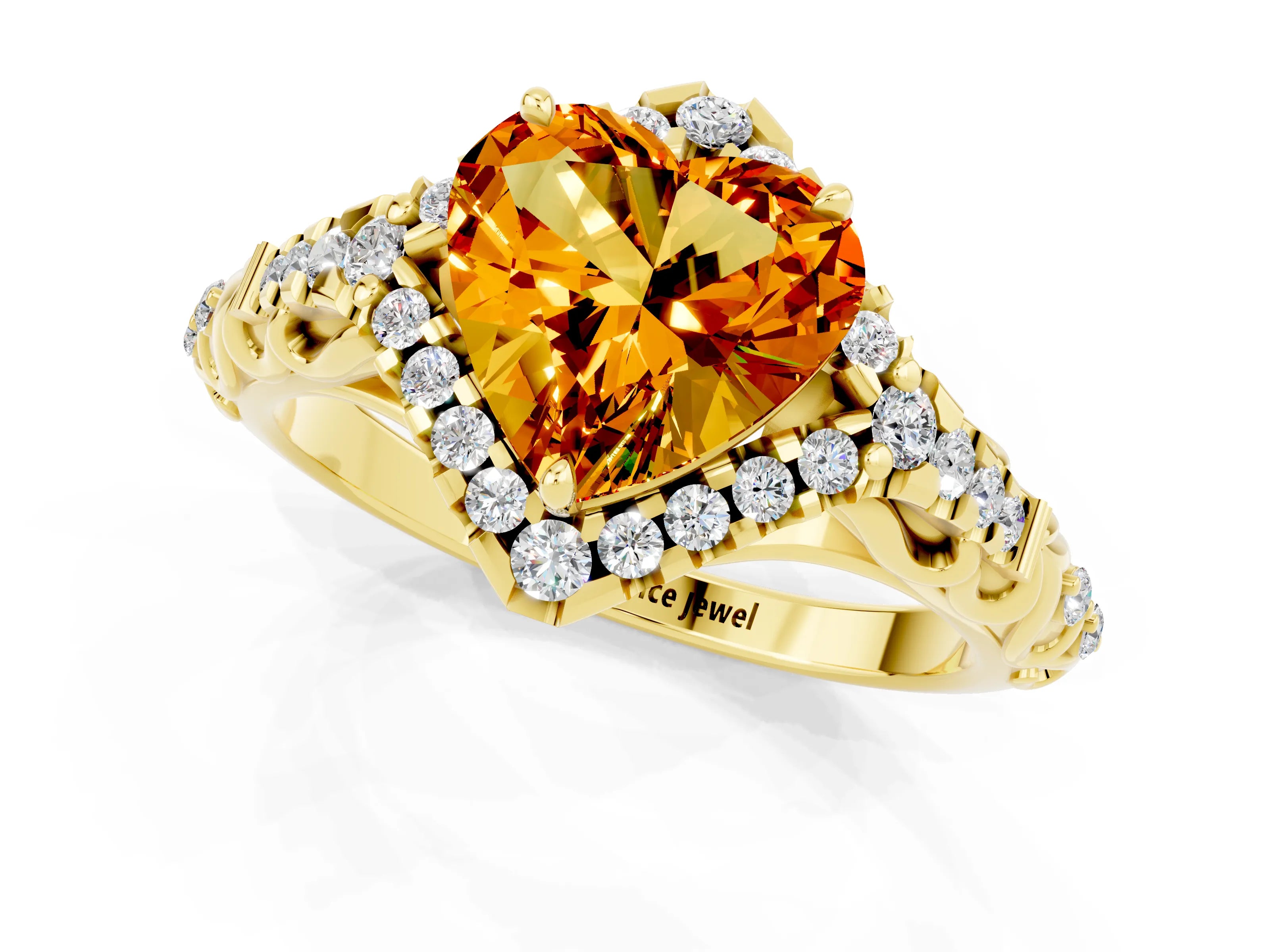 Yellow gold Heart Cut Citrine Solitaire Ring with Hidden Halo and Pavé Band_13