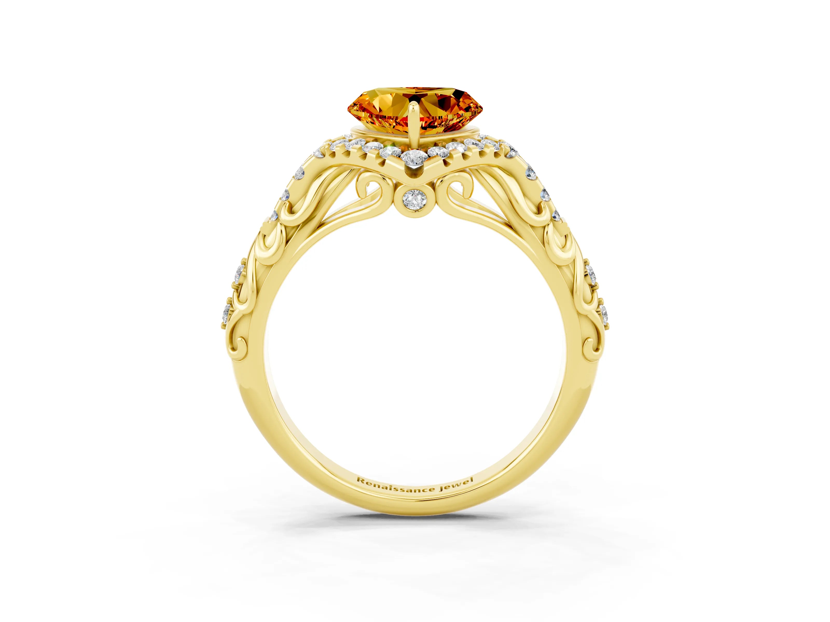 Yellow gold Heart Cut Citrine Solitaire Ring with Hidden Halo and Pavé Band_15