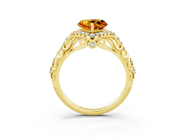 Yellow gold Heart Cut Citrine Solitaire Ring with Hidden Halo and Pavé Band