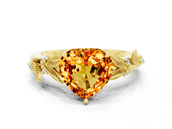 Yellow gold Heart Cut Citrine Solitaire Ring with Leaf Motif Band and Four-Prong Setting