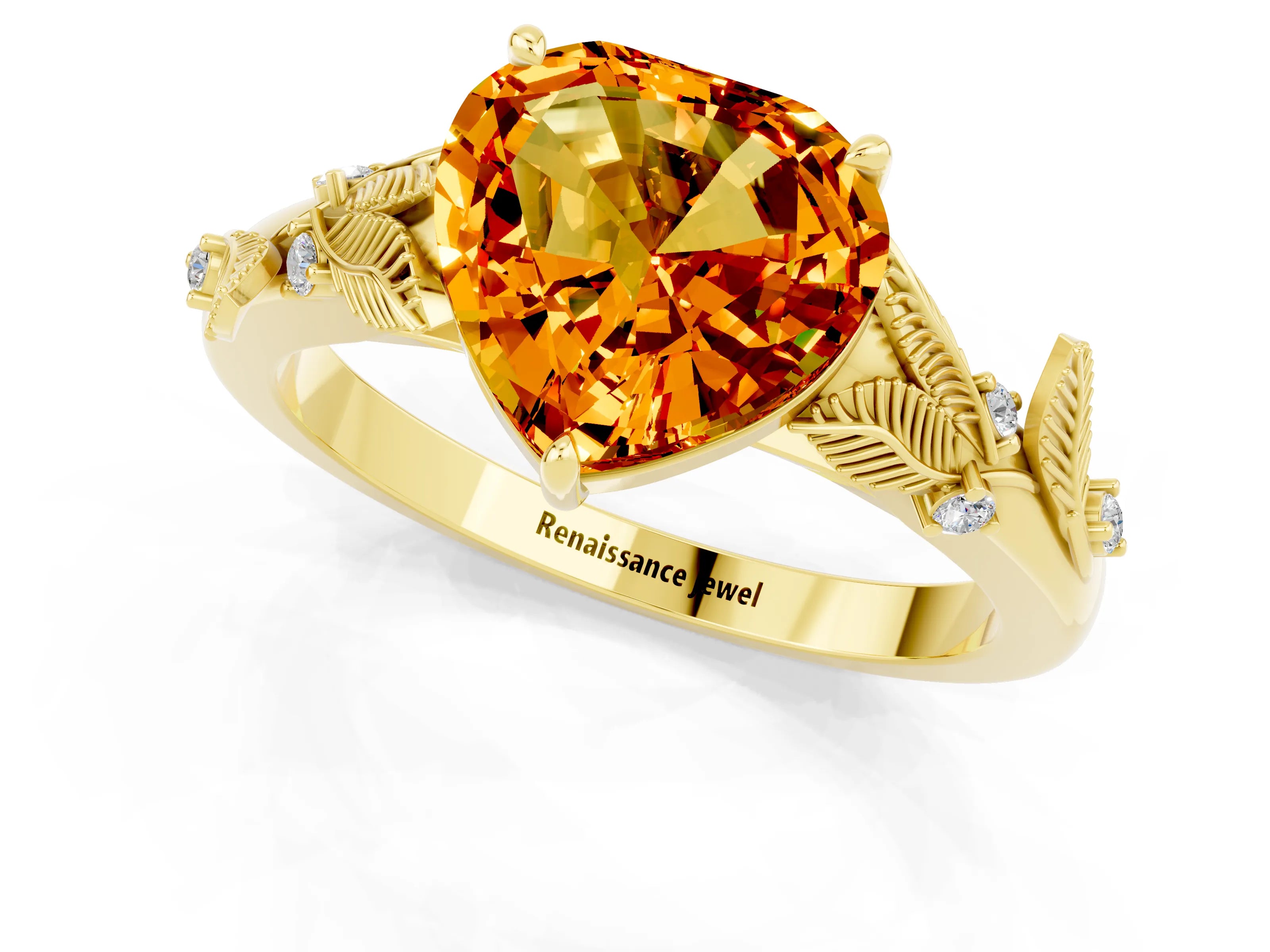 Yellow gold Heart Cut Citrine Solitaire Ring with Leaf Motif Band and Four-Prong Setting_1