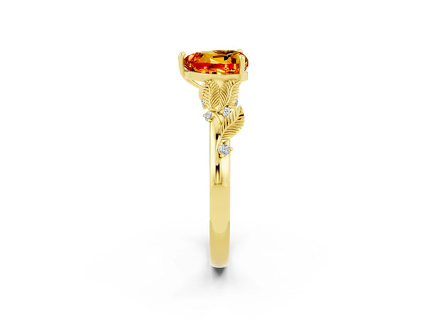 Yellow gold Heart Cut Citrine Solitaire Ring with Leaf Motif Band and Four-Prong Setting