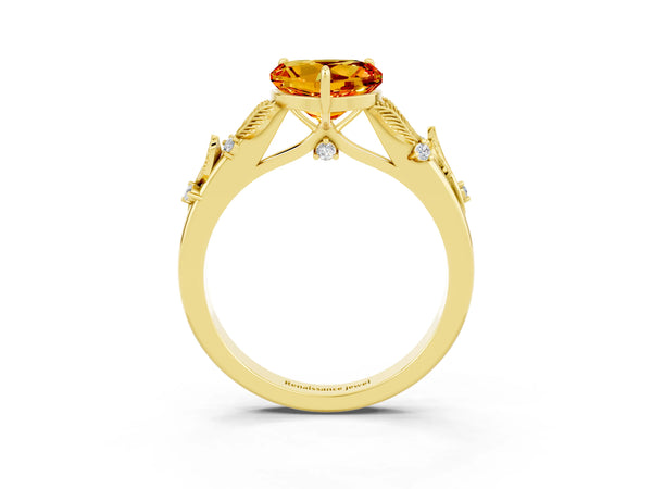 Yellow gold Heart Cut Citrine Solitaire Ring with Leaf Motif Band and Four-Prong Setting