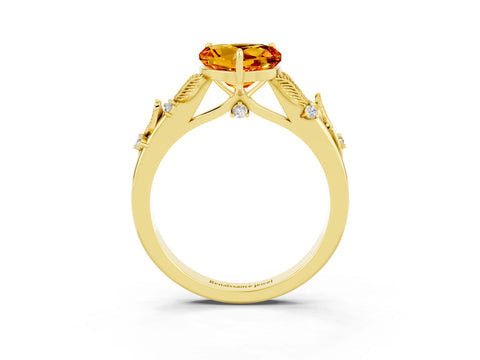 Yellow gold Heart Cut Citrine Solitaire Ring with Leaf Motif Band and Four-Prong Setting_3