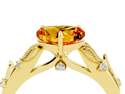 Yellow gold Heart Cut Citrine Solitaire Ring with Leaf Motif Band and Four-Prong Setting_4