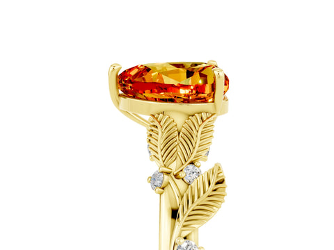 Yellow gold Heart Cut Citrine Solitaire Ring with Leaf Motif Band and Four-Prong Setting_5