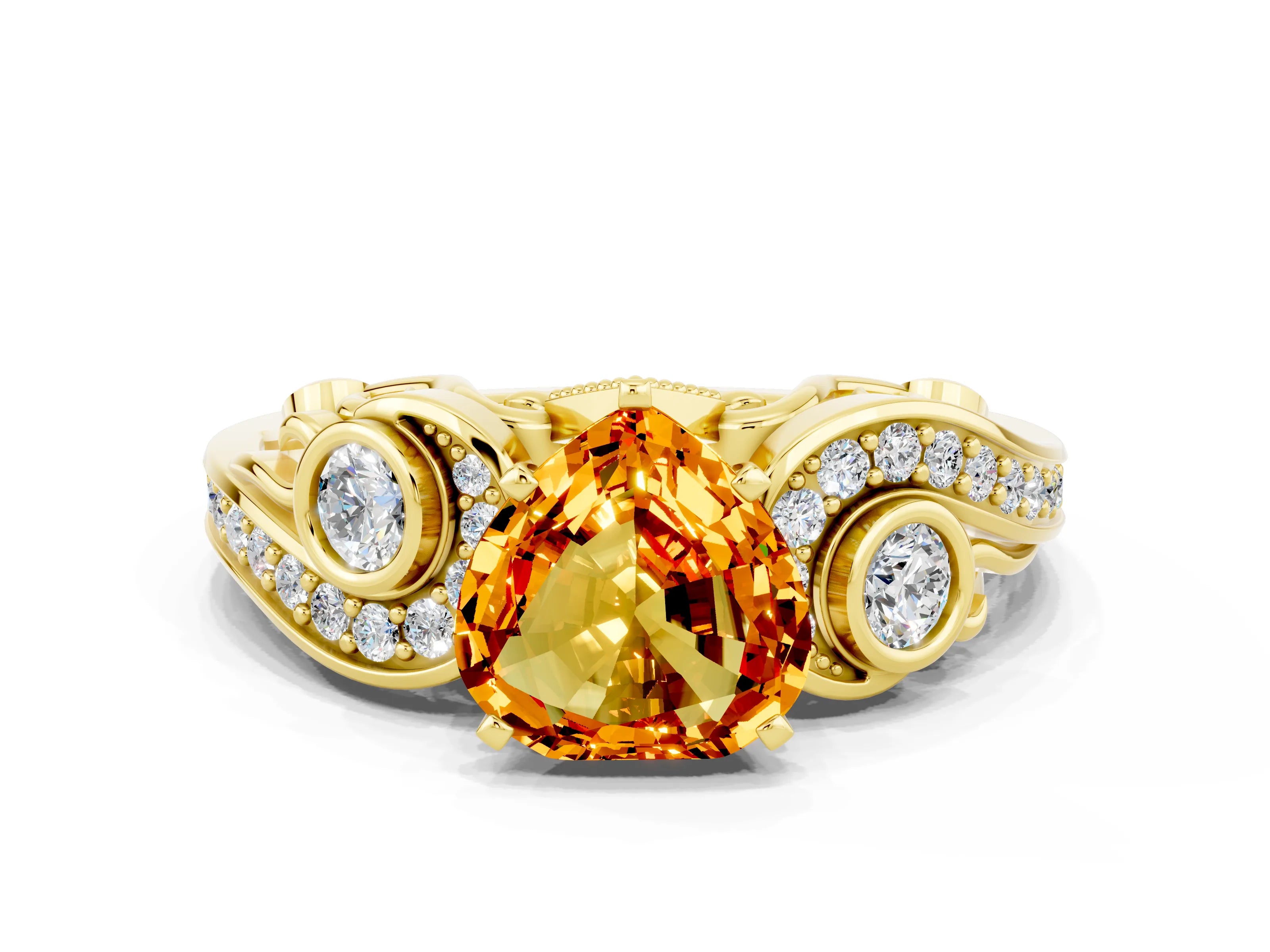 Yellow gold Heart Cut Citrine Solitaire Ring with Milgrain Pavé Band and Four-Prong Setting_24