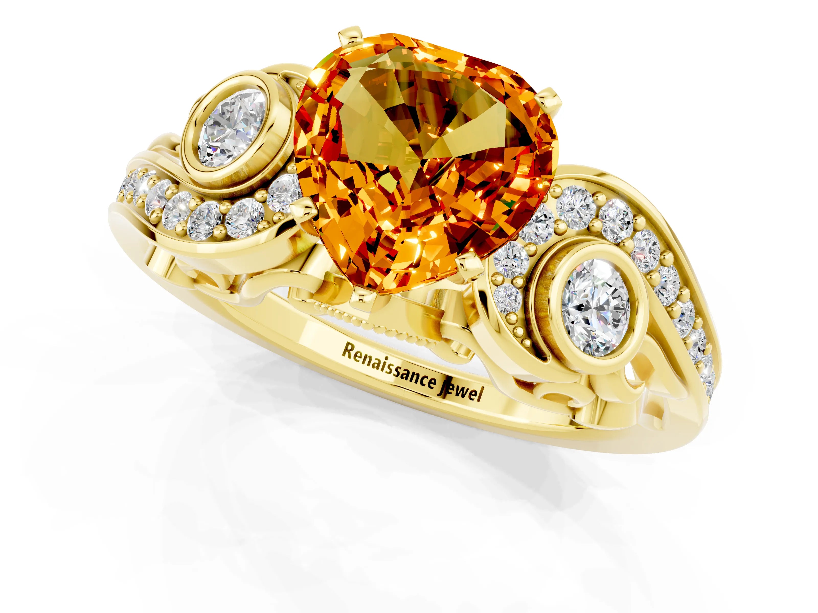 Yellow gold Heart Cut Citrine Solitaire Ring with Milgrain Pavé Band and Four-Prong Setting_25