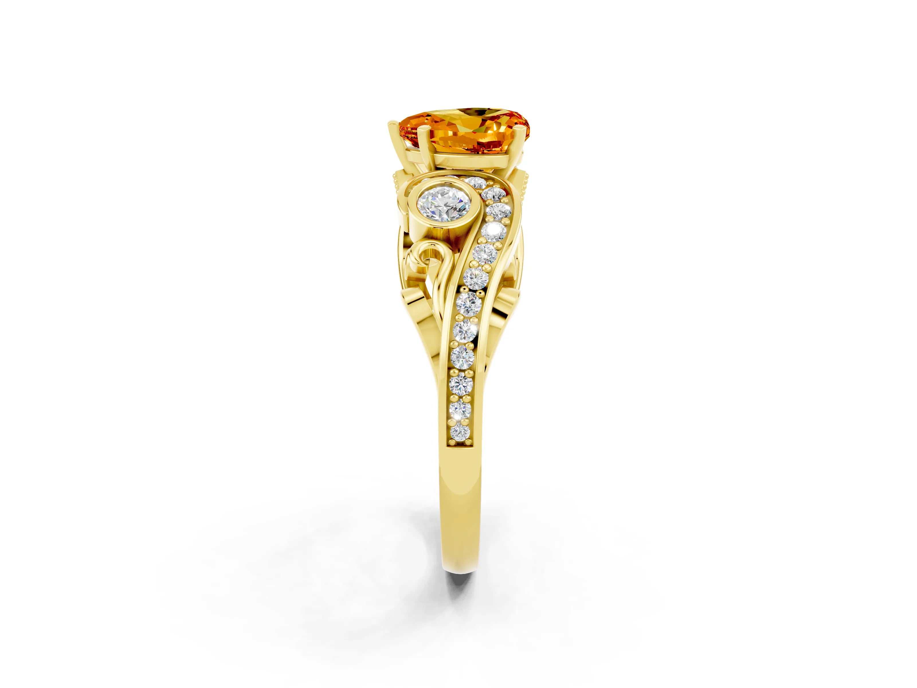 Yellow gold Heart Cut Citrine Solitaire Ring with Milgrain Pavé Band and Four-Prong Setting_26