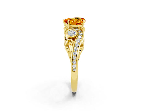 Yellow gold Heart Cut Citrine Solitaire Ring with Milgrain Pavé Band and Four-Prong Setting_26