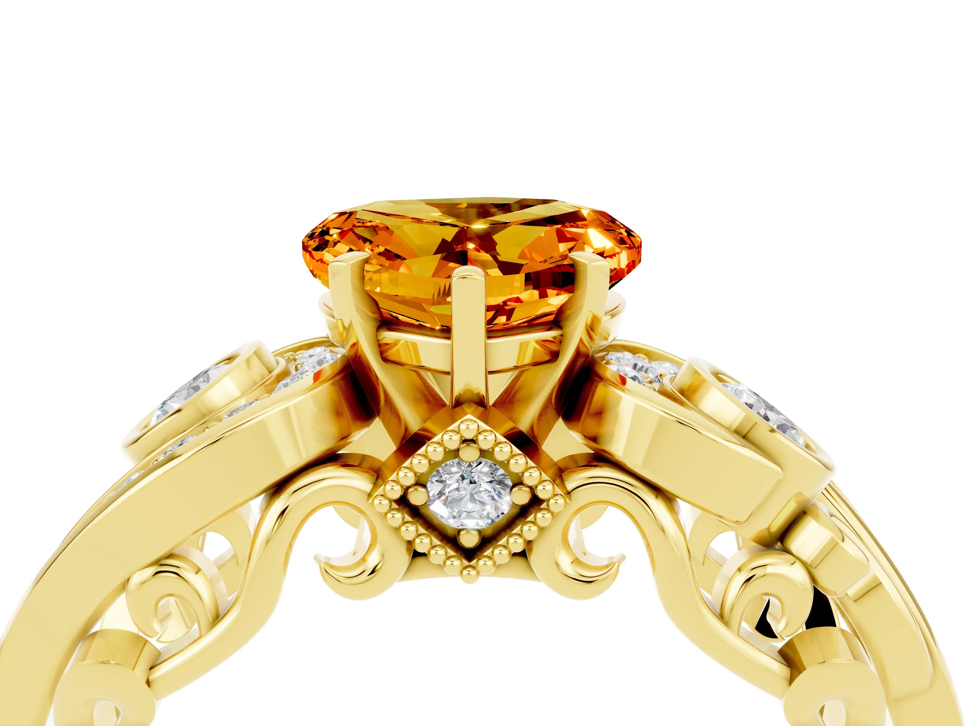 Yellow gold Heart Cut Citrine Solitaire Ring with Milgrain Pavé Band and Four-Prong Setting_28