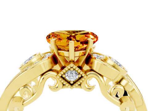 Yellow gold Heart Cut Citrine Solitaire Ring with Milgrain Pavé Band and Four-Prong Setting_28