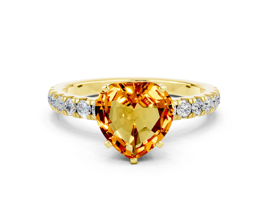 Yellow gold Heart Cut Citrine Solitaire Ring with Pavé Accents and Four-Prong Setting