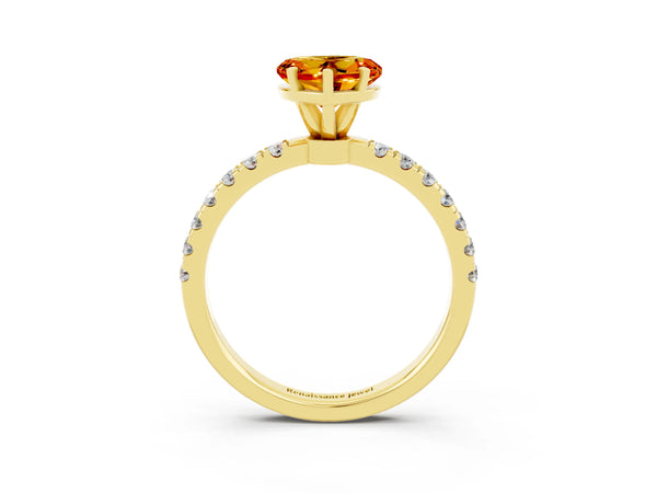 Yellow gold Heart Cut Citrine Solitaire Ring with Pavé Accents and Four-Prong Setting
