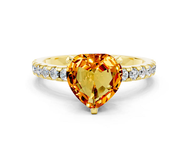 Yellow gold Heart Cut Citrine Solitaire Ring with Round  Pavé Band and Four-Prong Setting