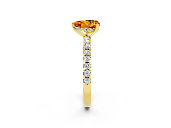 Yellow gold Heart Cut Citrine Solitaire Ring with Round  Pavé Band and Four-Prong Setting
