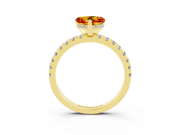 Yellow gold Heart Cut Citrine Solitaire Ring with Round  Pavé Band and Four-Prong Setting
