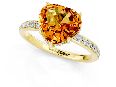 Yellow gold Heart Cut Citrine Solitaire Ring with Pavé Band and Hidden Halo_13